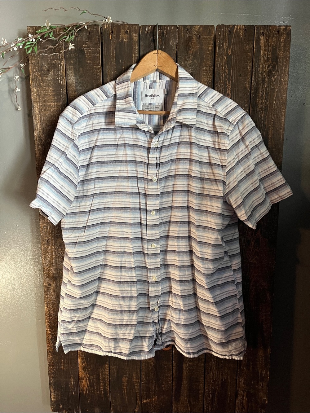 Goodfellow & Co Short-Sleeve Striped Button-Down Shirt - Blue, White, Brown